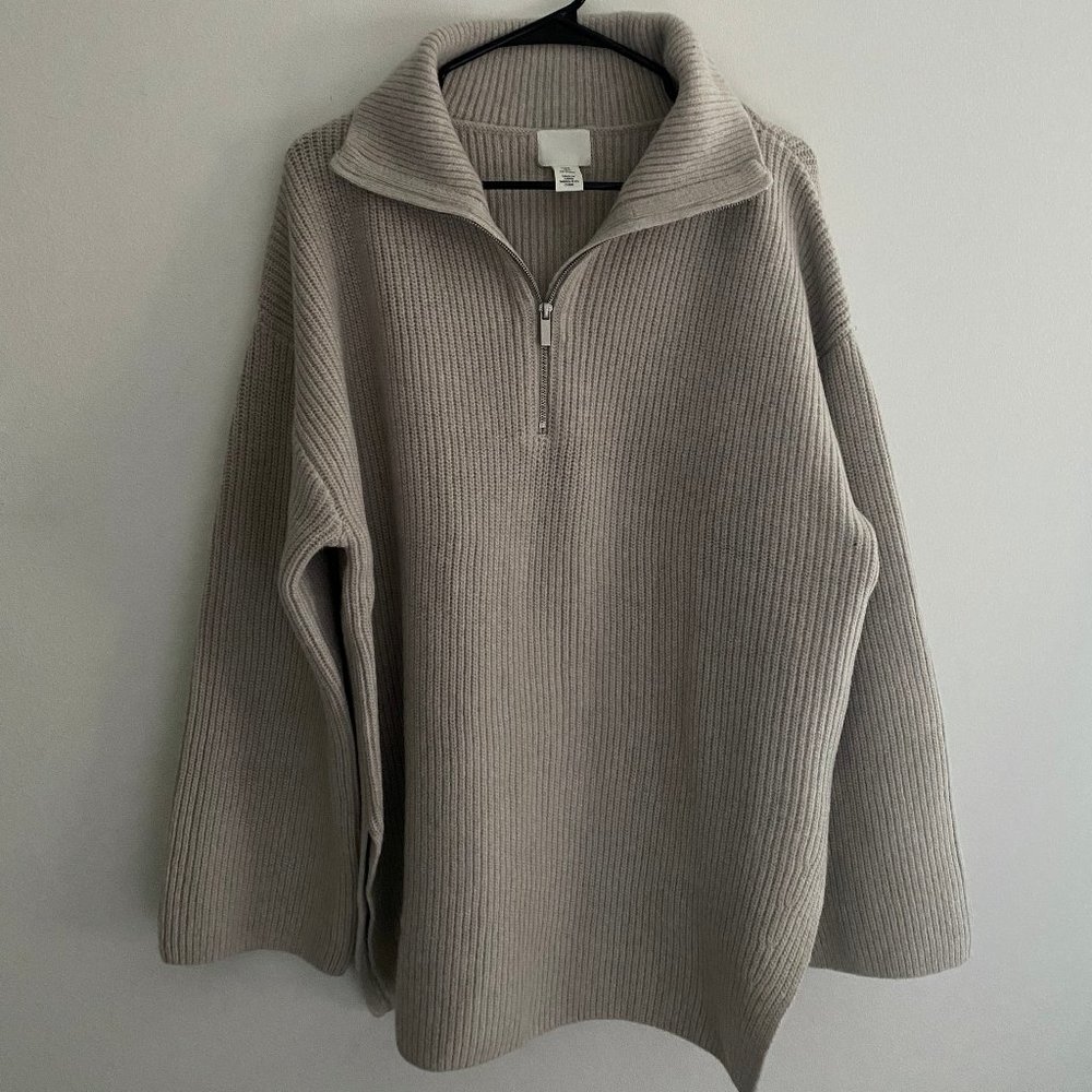 H&M Light Beige Rib-knit Half-zip Sweater Size M